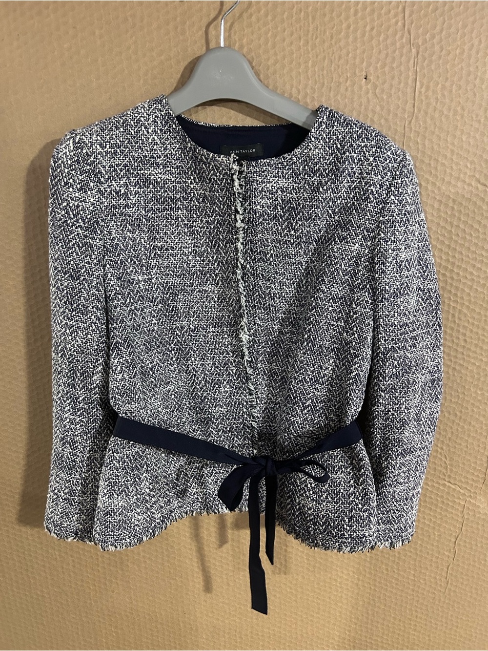 Ann Taylor Navy & White Tweed Belted Blazer
